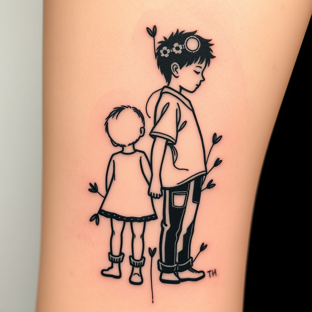 A tattoo design of Empathetic mom of 2 boys that have grown in the style of minimalist. - family tattoo design generated by AI tattoo generator