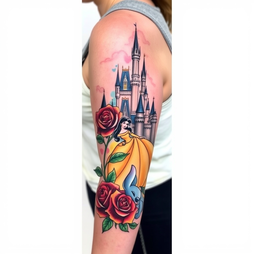 A tattoo design of Disney sleeve with belle, castle, red rose, stitch hidden mickey in the style of watercolor. - disney characters tattoo design generated by AI tattoo generator
