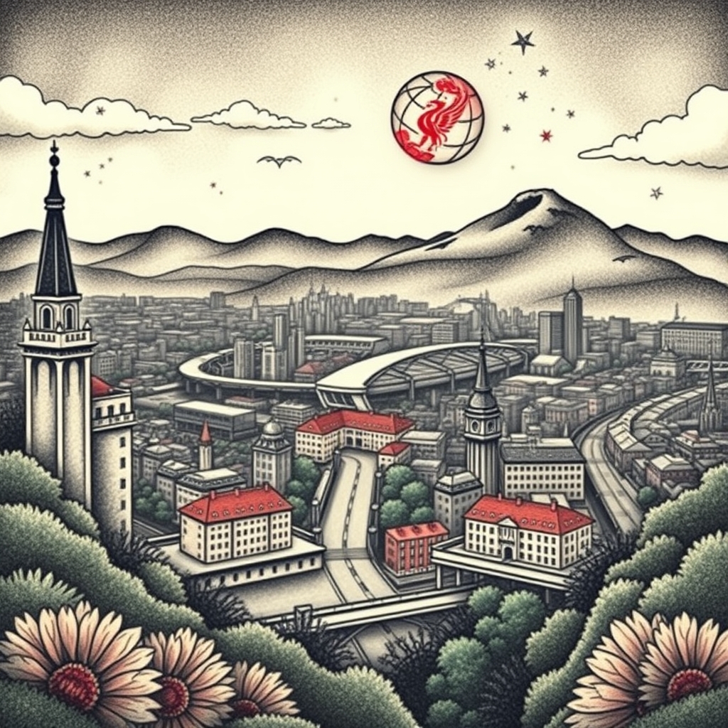 A tattoo design of Liverpool city landscape in the style of surrealistic. - cityscape tattoo design generated by AI tattoo generator