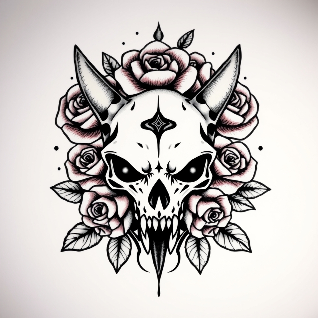 A tattoo design of POKEMON CUBONE SKULL WITH ROSES in the style of traditional. - pokemon tattoo design generated by AI tattoo generator