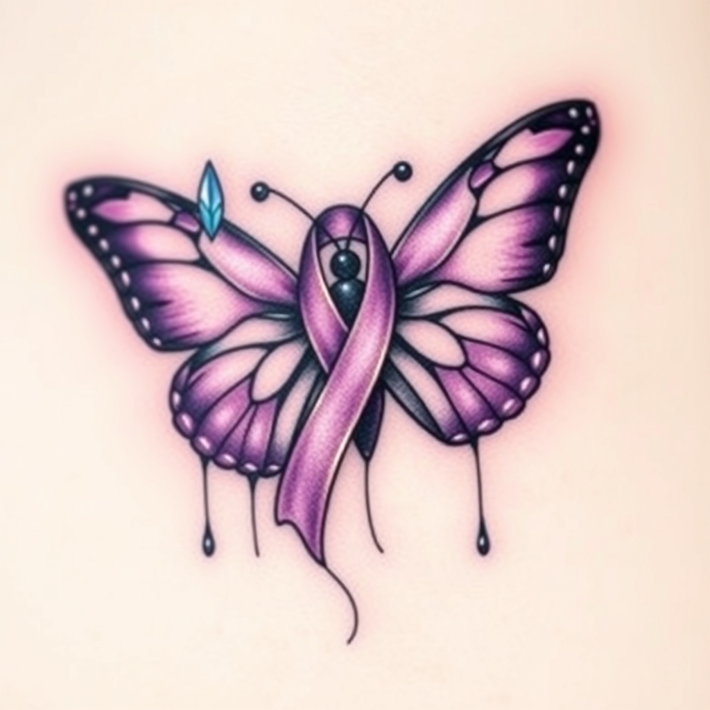A tattoo design of  crying with the domestic awareness ribbon with a purple butterfly entwined together in the style of abstract. - awareness ribbon tattoo design generated by AI tattoo generator