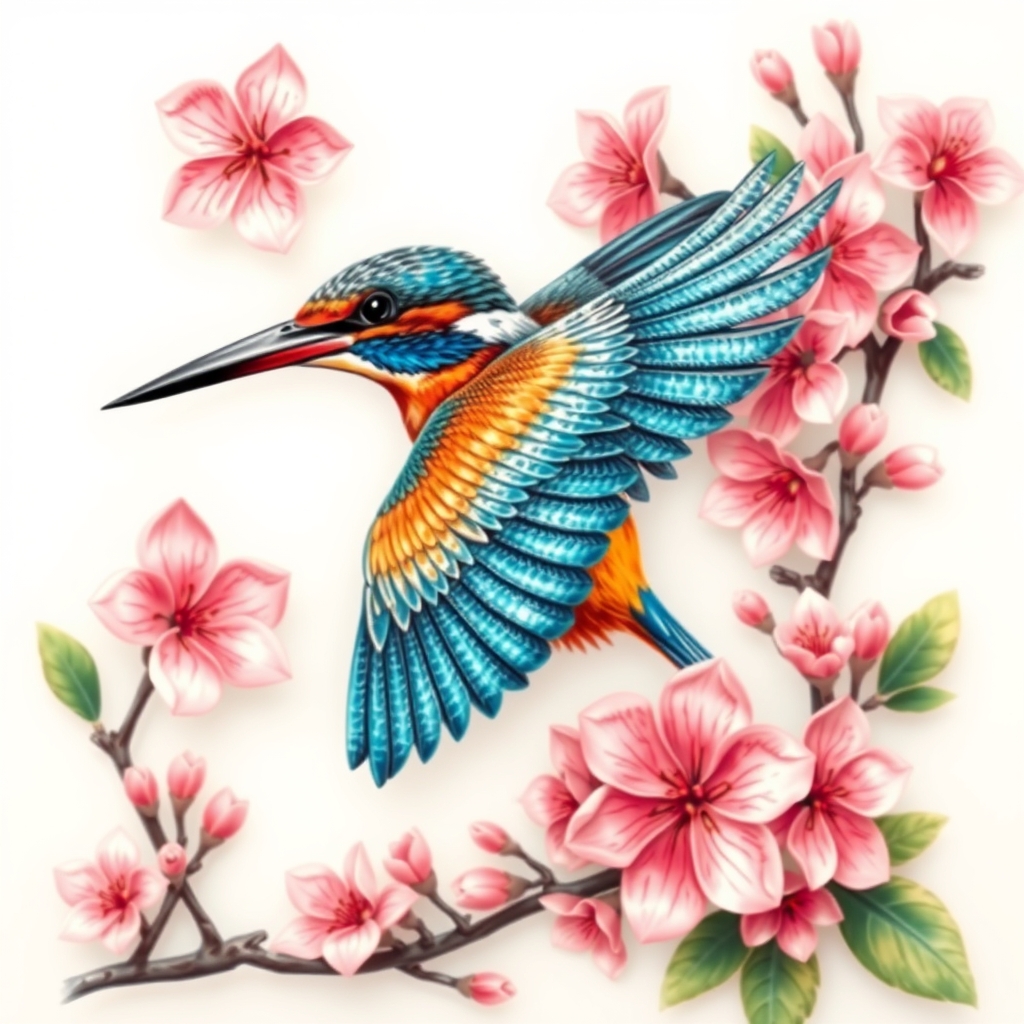 A tattoo design of blue and orange kingfisher in flight surrounded by large quantity of pink cherry blossoms in the style of surrealistic. - birds and flowers tattoo design generated by AI tattoo generator