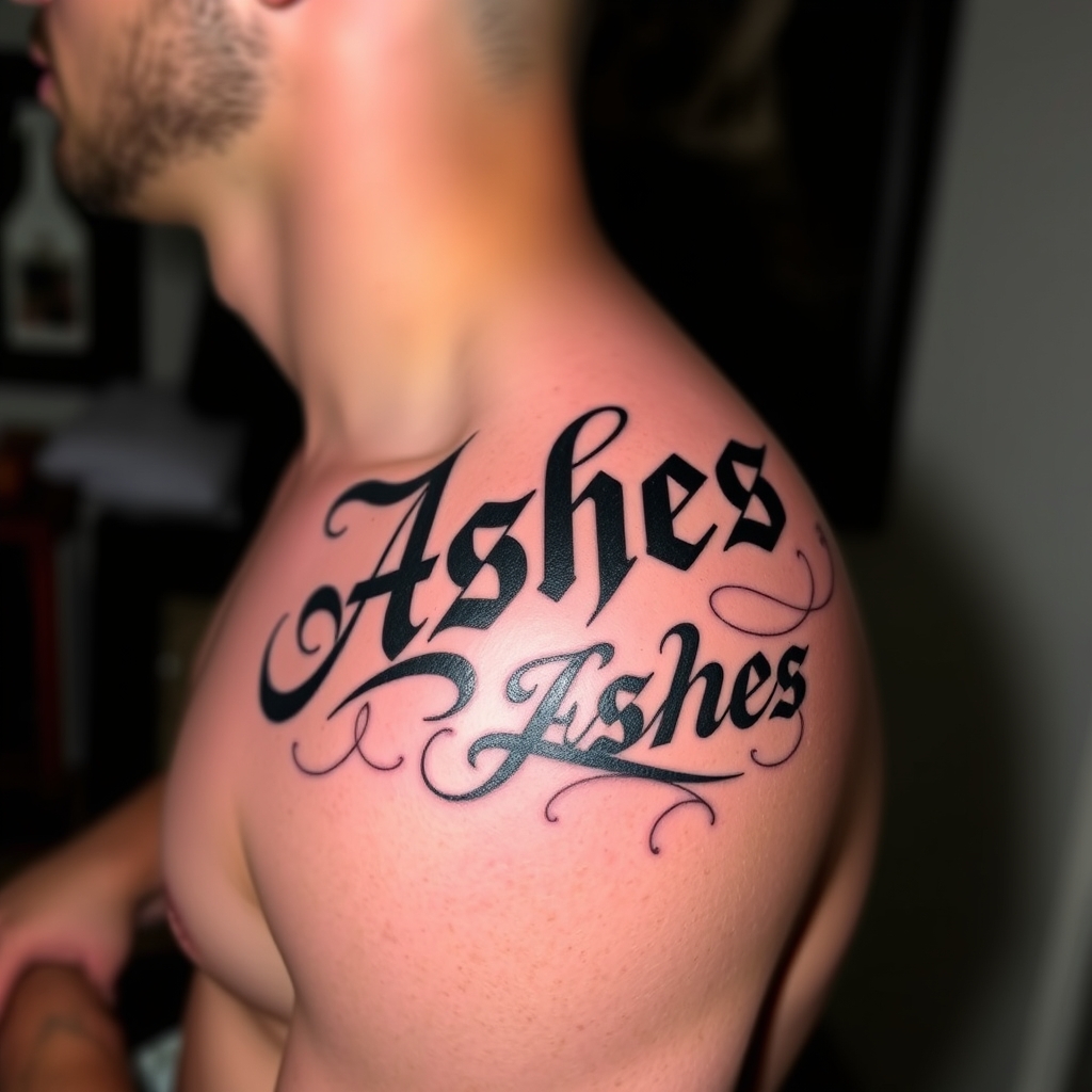 A tattoo design of Words "Ashes 222 Ashes" on left pectoralis in the style of tribal. - text quote tattoo design generated by AI tattoo generator