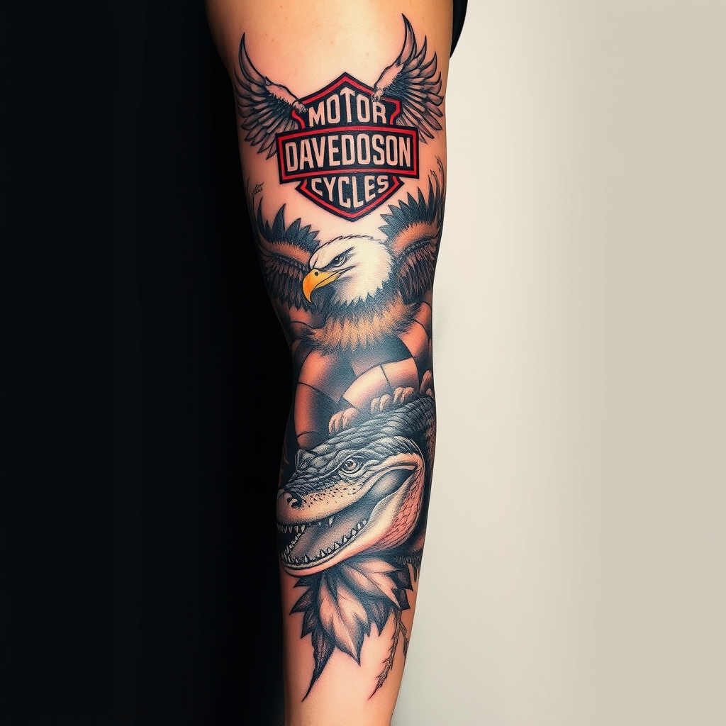 A tattoo design of Right arm full sleeve with the upper containing Harley Davidson theme with eagles mixed with the lower of Florida swamp theme with alligator in the style of realistic. - motorcycles and wildlife tattoo design generated by AI tattoo generator