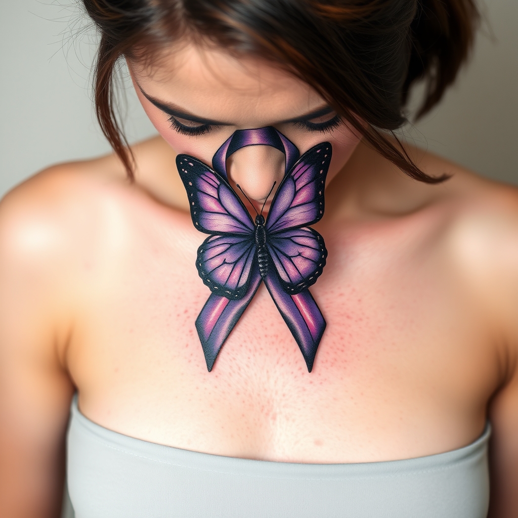A tattoo design of Domestic violence ribbon awareness inclined together with a purple butterfly as a women hunched over her hands overing her face in the style of minimalist. - social awareness tattoo design generated by AI tattoo generator