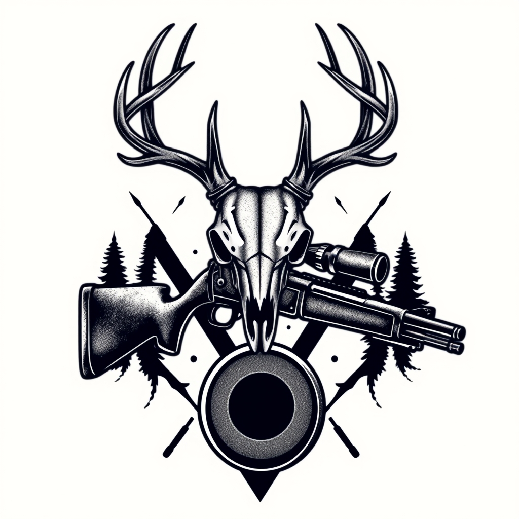 A tattoo design of i want a blackout deer skull on top of the x and i want a blackout hunting rifle going in an x with a blackout ice hockey stick in a x with the rifle with a blackout hockey puck in the style of realistic. - hunting sports tattoo design generated by AI tattoo generator