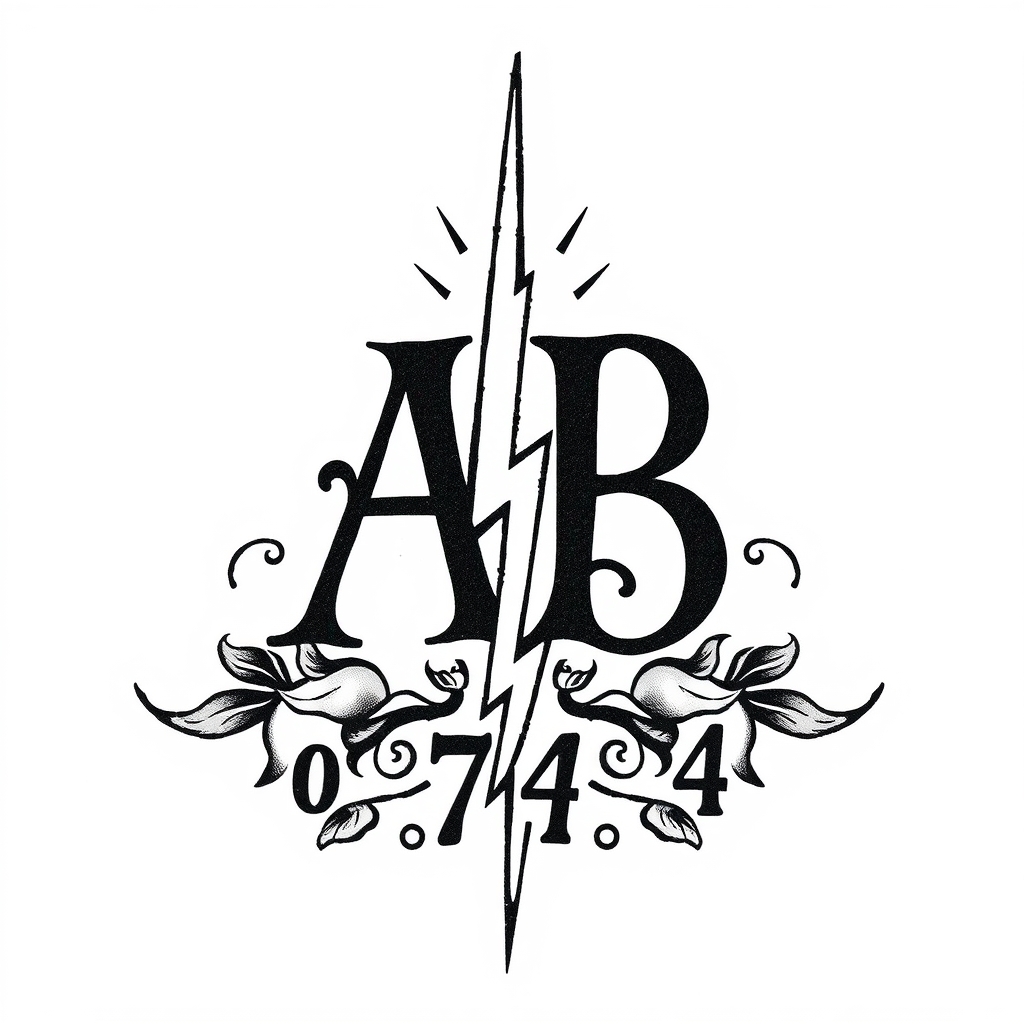 A tattoo design of Initials AB, year 74, lightning bolt in the style of traditional. - initials and symbols tattoo design generated by AI tattoo generator