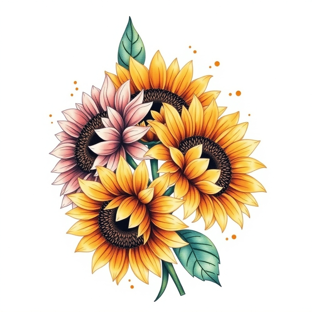 A tattoo design of Four sunflowers in the style of watercolor. - flowers tattoo design generated by AI tattoo generator