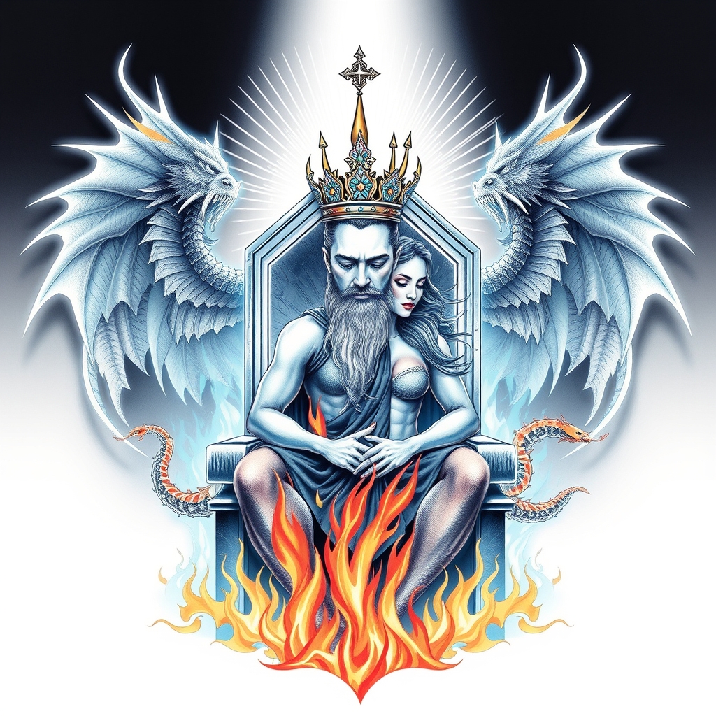 A tattoo design of A man and a woman,their bodies made of flames that are the same person, their images superimposed over each other sitting on his hexagon shaped throne, his eyes closed, his face soft, and his aura light blue and silver around him, his crown is streaming light rays,turning into dragons in fine thin strips of various colors, extending out in all directions , his beard and hair like feathers in the style of minimalist. - mythical creature tattoo design generated by AI tattoo generator