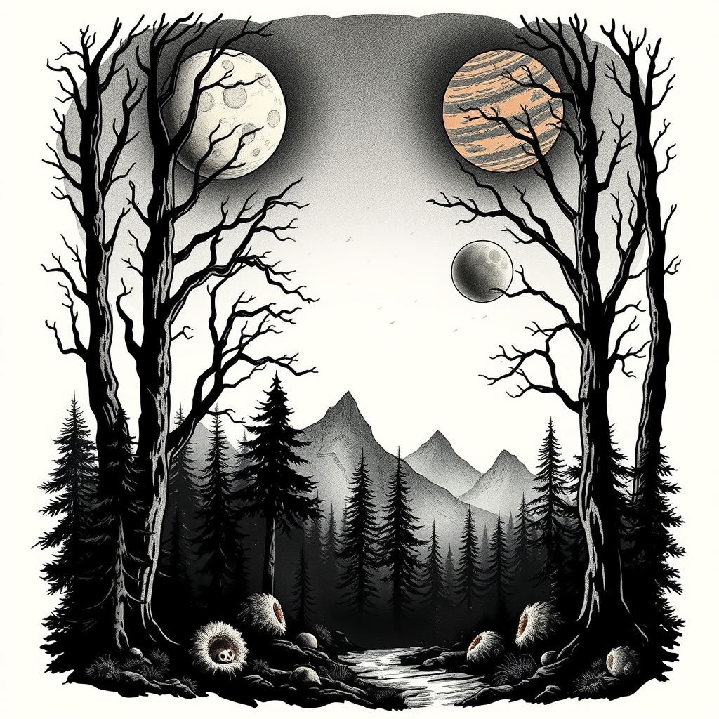 A tattoo design of Scary Forest and planets in the style of realistic. - space fantasy tattoo design generated by AI tattoo generator