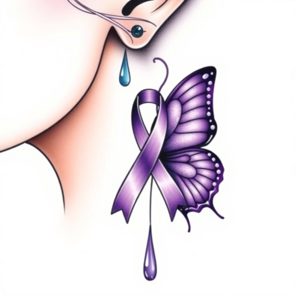 A tattoo design of A tear running down a woman's face with a domestic violence ribbon and a purple butterfly entwined together in the style of abstract. - domestic violence awareness tattoo design generated by AI tattoo generator