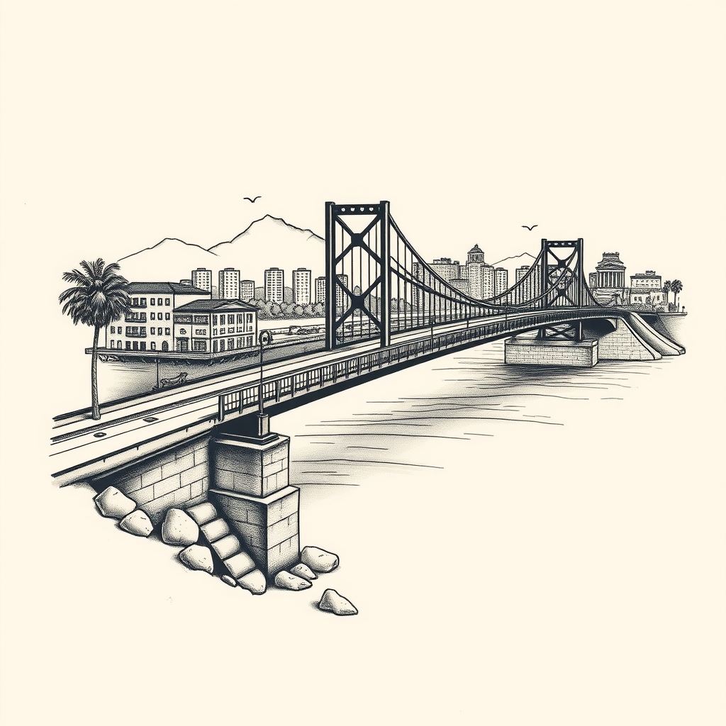 A tattoo design of City of fullerton bridge old school chicano  in the style of realistic. - cityscape architecture tattoo design generated by AI tattoo generator