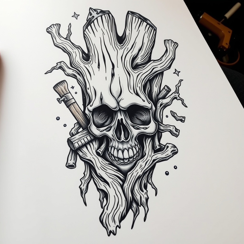 A tattoo design of Woodworking in the style of surrealistic. - what is the tattoo description? tattoo design generated by AI tattoo generator