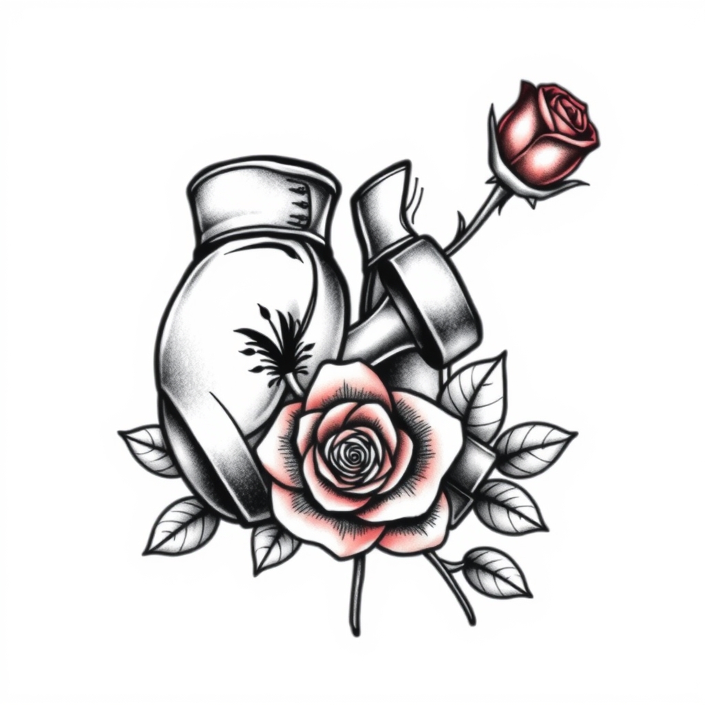 A tattoo design of A pair of boxing gloves, a weight dumbell, and a rose in the style of realistic. - fitness gym tattoo design generated by AI tattoo generator