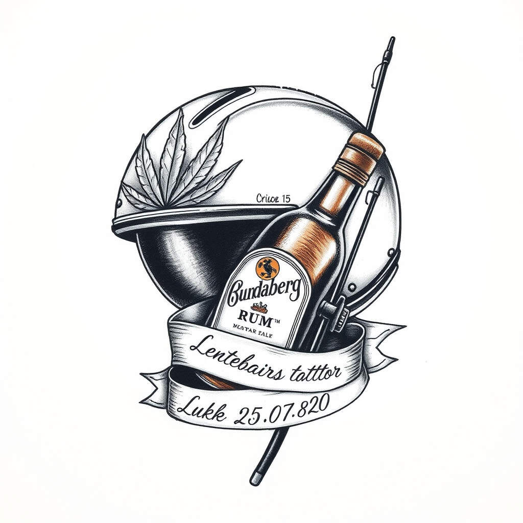A tattoo design of A motorcycle helmet with a weed leaf, Bundaberg rum bottle and a fishing rod incorporated into the wrap of the helmet. I want the tatto black and grey with a dash of colour on the rum bottle. A tribute saying Luke 25.01.85 - 03.07.20 in the style of realistic. - memorial motorcycle tattoo design generated by AI tattoo generator