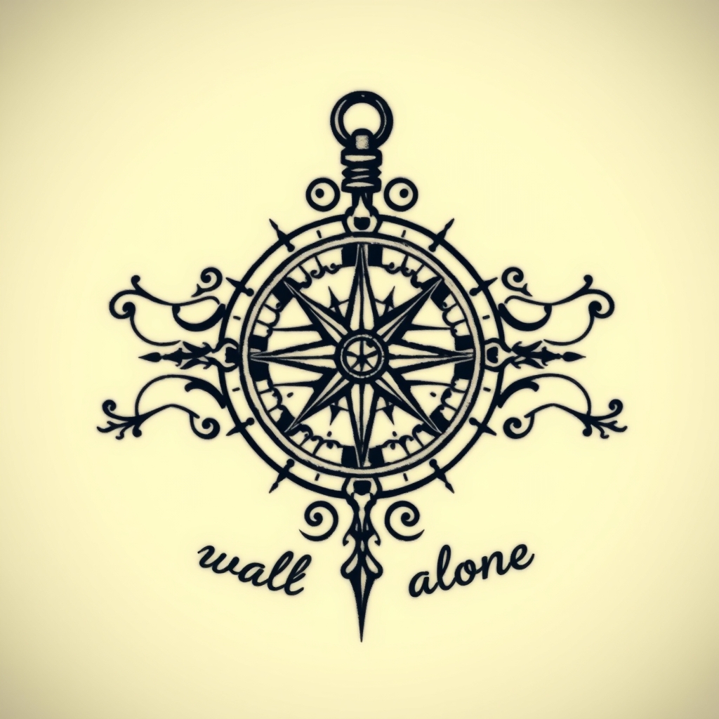 A tattoo design of Compass, with the phrase; you will never walk alone, ornamental in the style of blackwork. - nautical symbol tattoo design generated by AI tattoo generator