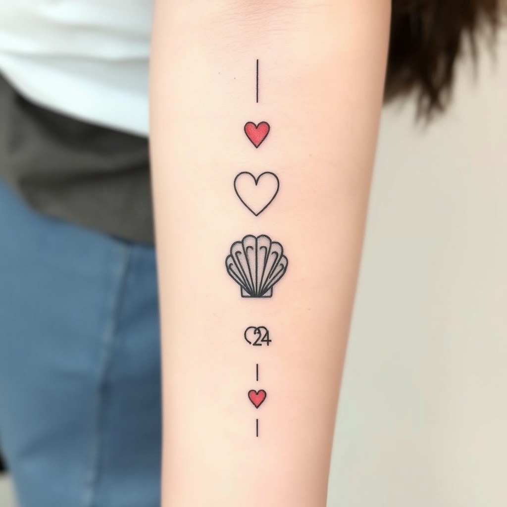 A tattoo design of Vertical line, small symbols: heart, shell, 19, ring, 24 in the style of watercolor. - personal symbols tattoo design generated by AI tattoo generator