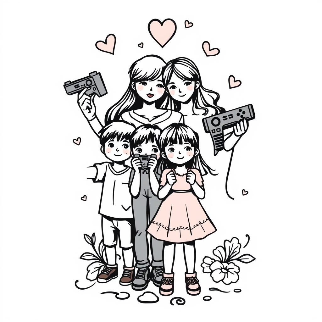 A tattoo design of Video games love family 1 wife 2 boys 1 girl  in the style of traditional. - family tattoo design generated by AI tattoo generator