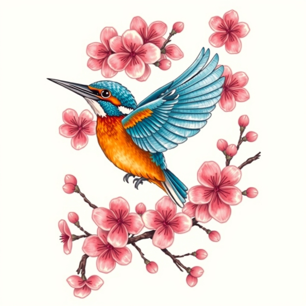 A tattoo design of blue and orange kingfisher in flight surrounded by large quantity of pink cherry blossoms in the style of traditional. - animals in nature tattoo design generated by AI tattoo generator