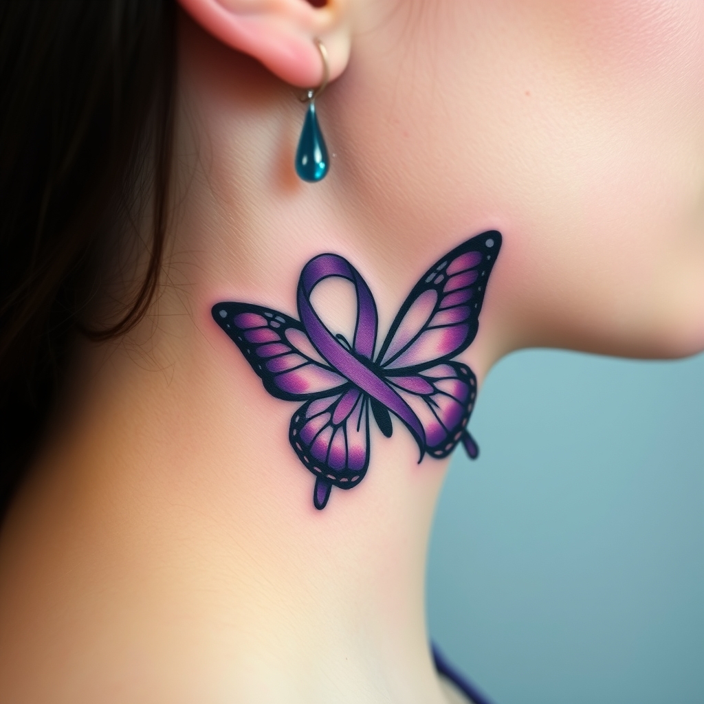 A tattoo design of A tear running down a woman's face with a domestic violence ribbon and a purple butterfly entwined together in the style of minimalist. - domestic violence tattoo design generated by AI tattoo generator