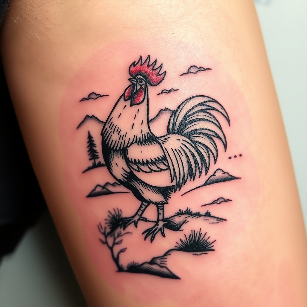 A tattoo design of Landscape with a cock hidden inside in the style of realistic. - hidden object art tattoo design generated by AI tattoo generator