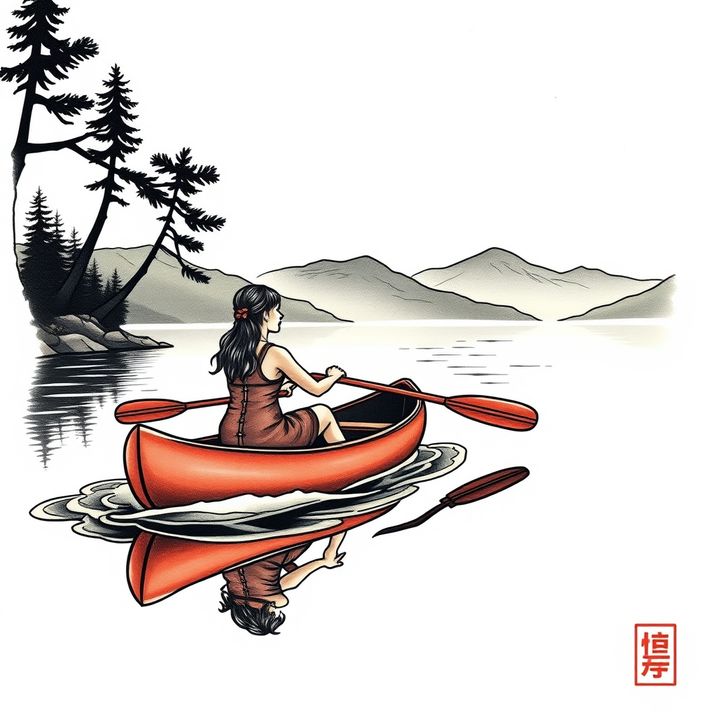 A tattoo design of Woman paddling a canoe on lake Coniston  in the style of japanese. - water sports tattoo design generated by AI tattoo generator