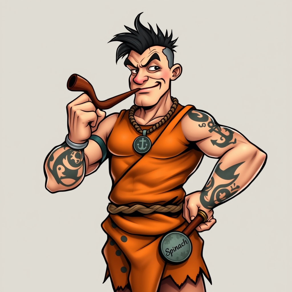 A tattoo design of 1. Pose & Composition Full-body or upper-body shot: Popeye’s classic braced-stance—one fist on hip, another flexing—dressed in Fred’s prehistoric attire. Slight three-quarters angle: Gives depth to his muscular arm and his iconic pipe. 2. Face & Expression Popeye’s face shape with squinty eye, corncob pipe clenched in teeth. Fred’s heavy five o’clock shadow making his jawline more rugged. Wild Stone Age hair—Fred’s messy black mane slightly tousled. 3. Attire & Details Orange and black-spotted tunic from Fred, torn to reveal Popeye’s anchor tattoos on the forearms. Stone pendant necklace like Fred wears, but shaped as a spinach can lid. Rope belt holding a small club that has “Spinach” carved onto it. in the style of realistic. - pop culture mashup tattoo design generated by AI tattoo generator