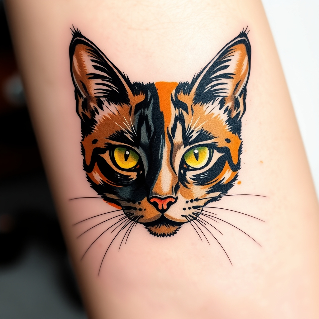 A tattoo design of BRUSH STROKE STYLE OF A BOMBAY CAT FACE, HALF COLORED IN AND HALF WITHOUT COLOR WITH SMALL AMOUNTS OF YELLOW OR ORANGE COLOR in the style of abstract. - animal face tattoo design generated by AI tattoo generator