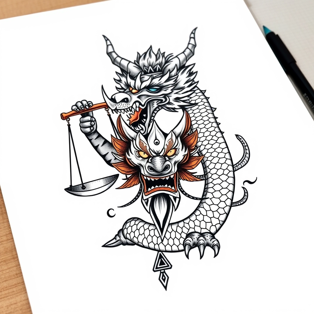 A tattoo design of Libra goddness, dragon with oni mask in the style of japanese. - mythical creatures tattoo design generated by AI tattoo generator