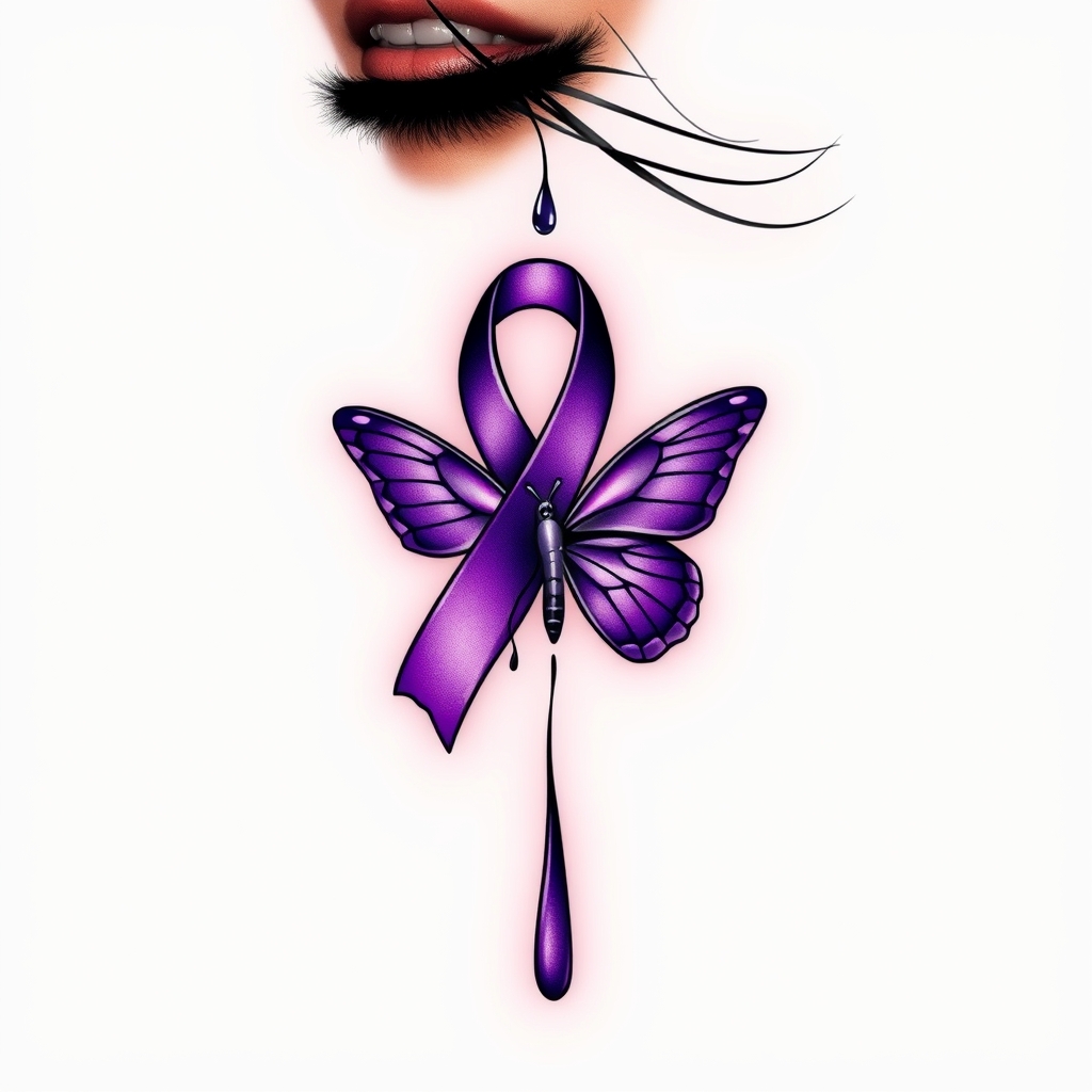 A tattoo design of A tear running down a woman's face with a domestic violence ribbon and a purple butterfly entwined together in the style of surrealistic. - domestic violence awareness tattoo design generated by AI tattoo generator