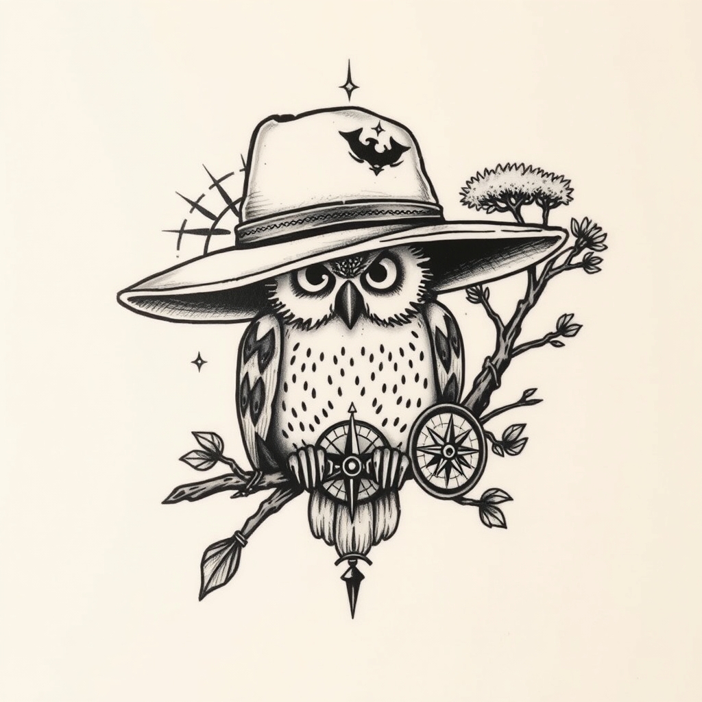 A tattoo design of Slim dusty hat, owl, compass, gum tree in the style of japanese. - outback symbols tattoo design generated by AI tattoo generator