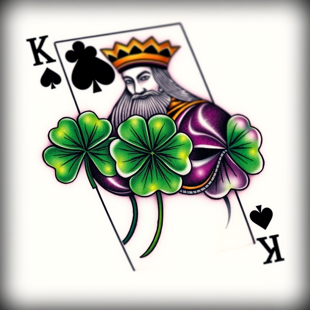 A tattoo design of I would like a 3d photo realistic playing card, the king of 4 leaf clovers, with black, green, and purple ink, maybe some white ink for highlighting. NO red ink. in the style of realistic. - playing card tattoo design generated by AI tattoo generator