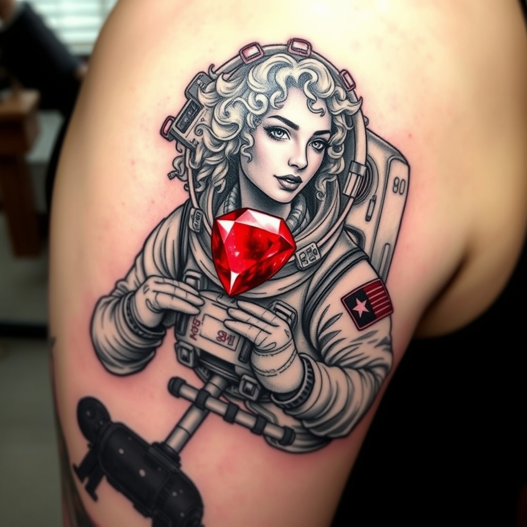 A tattoo design of Photorealistic black and grey space themed tattoo of light curly-haired strong female traveling through space. A bright red ruby, being the only color in yhe tattoo, shines red on her space suit. Include a Houston, Texas reference if possible.  in the style of realistic. - space travel tattoo design generated by AI tattoo generator