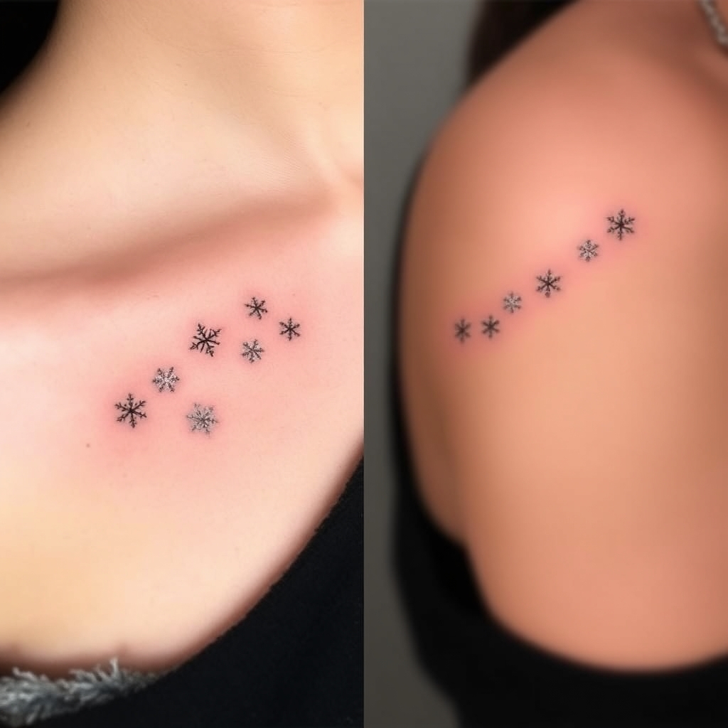 A tattoo design of Delicate and elegant tattoo design following the curve of a woman’s collarbone, featuring realistic snowflakes gently spaced, with a refined and feminine style. The snowflakes should look natural, as if slightly melting on medium to dark skin. The design should subtly follow the collarbone’s shape, with a light sense of movement, as if carried by wind. Black and white or fine-line ink, with no bold outlines in the style of realistic. - winter weather tattoo design generated by AI tattoo generator