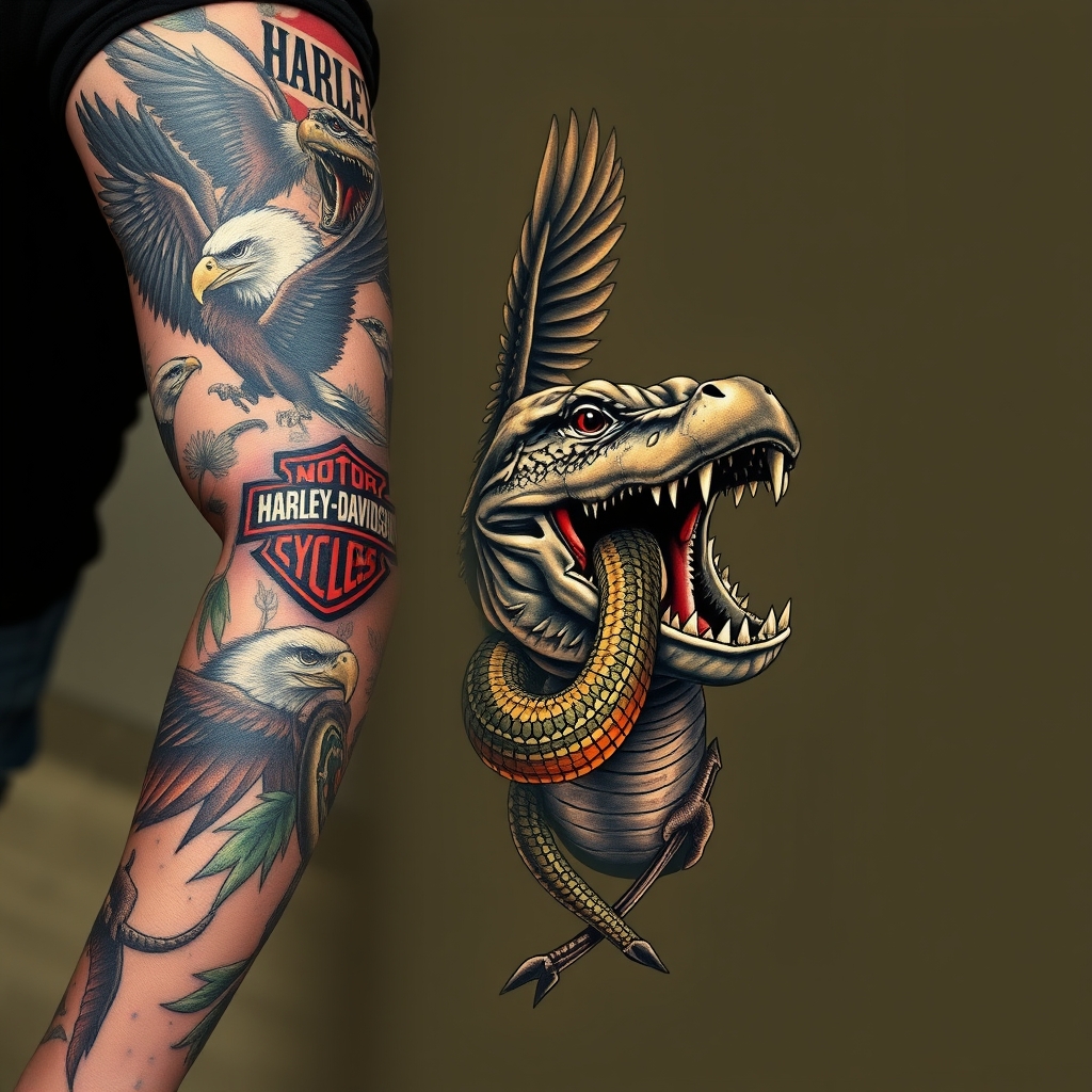 A tattoo design of Right arm full sleeve with Harley Davidson theme with eagles mixed with Florida swamp theme with american alligator having python in its mouth in the style of realistic. - motorcycle wildlife tattoo design generated by AI tattoo generator