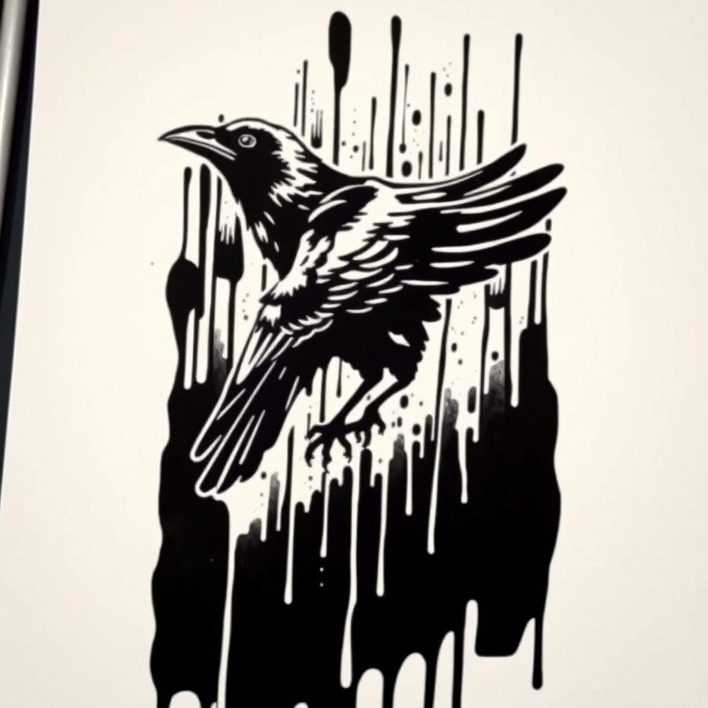 A tattoo design of Solid Black crow paint drip in the style of blackwork. - animal tattoo design generated by AI tattoo generator