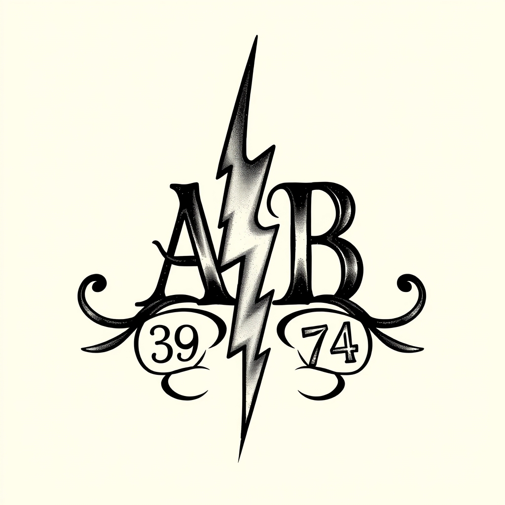 A tattoo design of Initials AB, year 74, lightning bolt in the style of realistic. - symbolic emblem tattoo design generated by AI tattoo generator