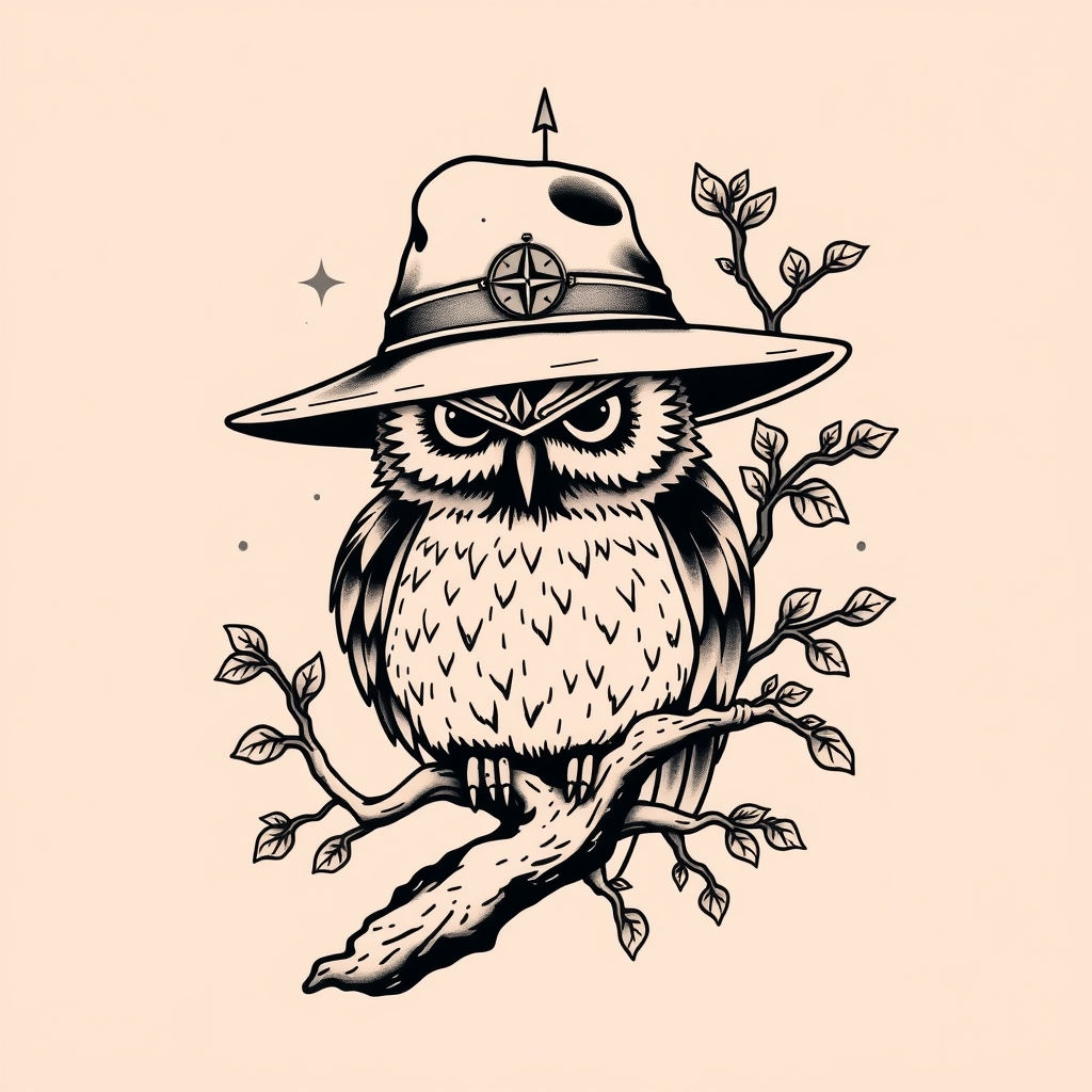 A tattoo design of Slim dusty hat owl compass gum tree in the style of japanese. - australian wildlife tattoo design generated by AI tattoo generator