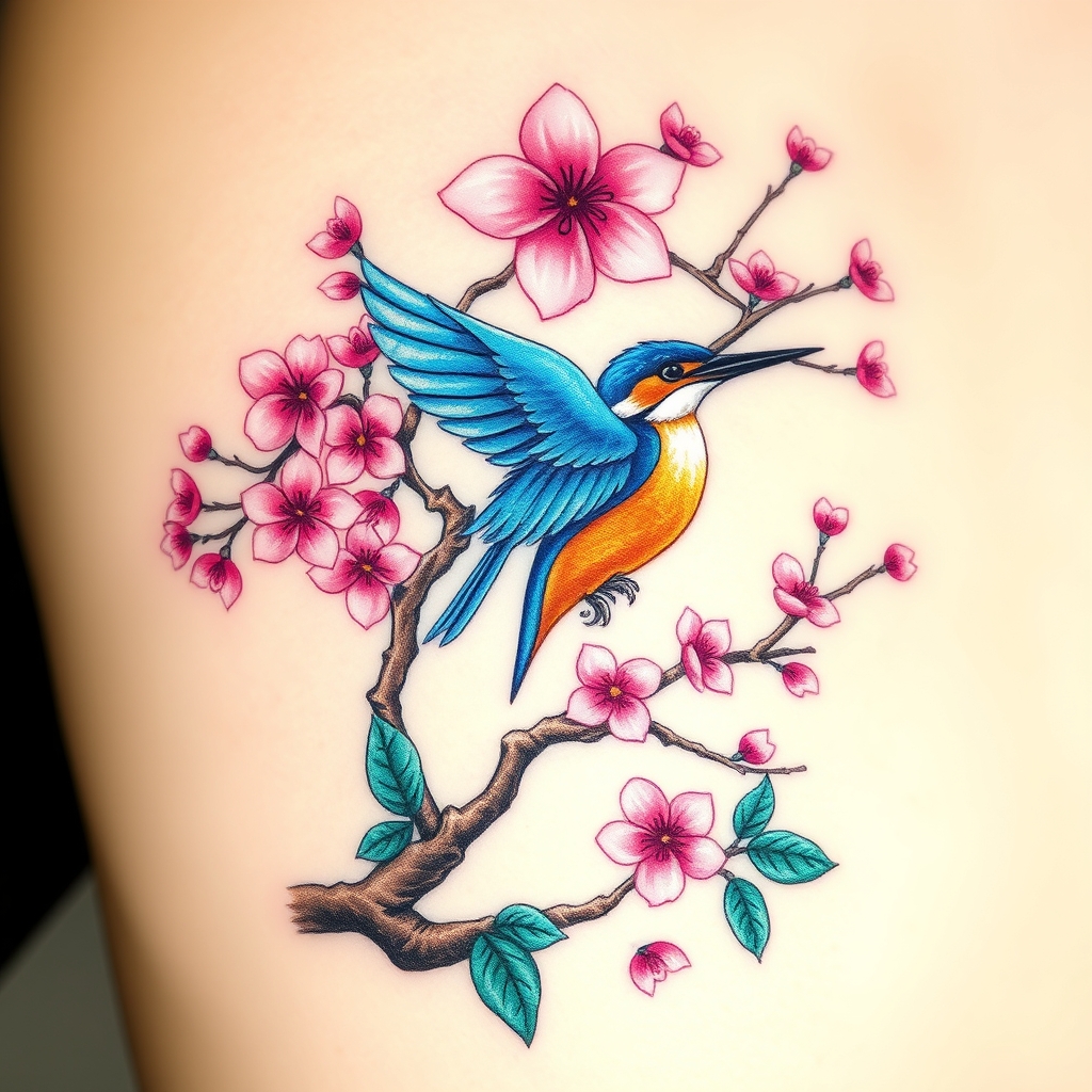 A tattoo design of Pink cherry blossom tree with flying blue and orange kingfisher in the style of geometric. - nature tattoo design generated by AI tattoo generator