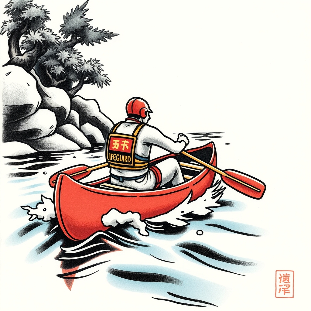 A tattoo design of Lifeguard in canoe on river in the style of japanese. - water sports tattoo design generated by AI tattoo generator