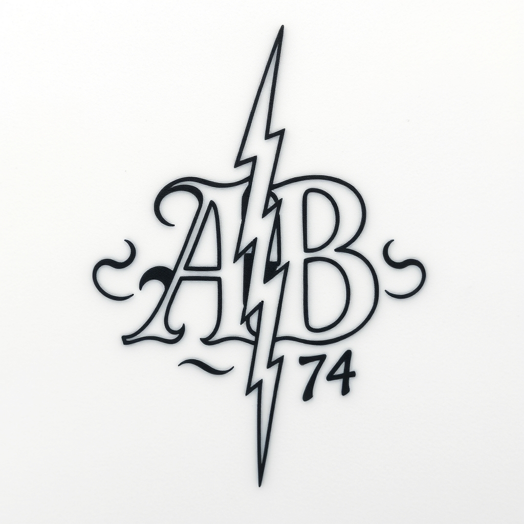 A tattoo design of Initials AB, year 74, lightning bolt in the style of traditional. - symbolic emblem tattoo design generated by AI tattoo generator