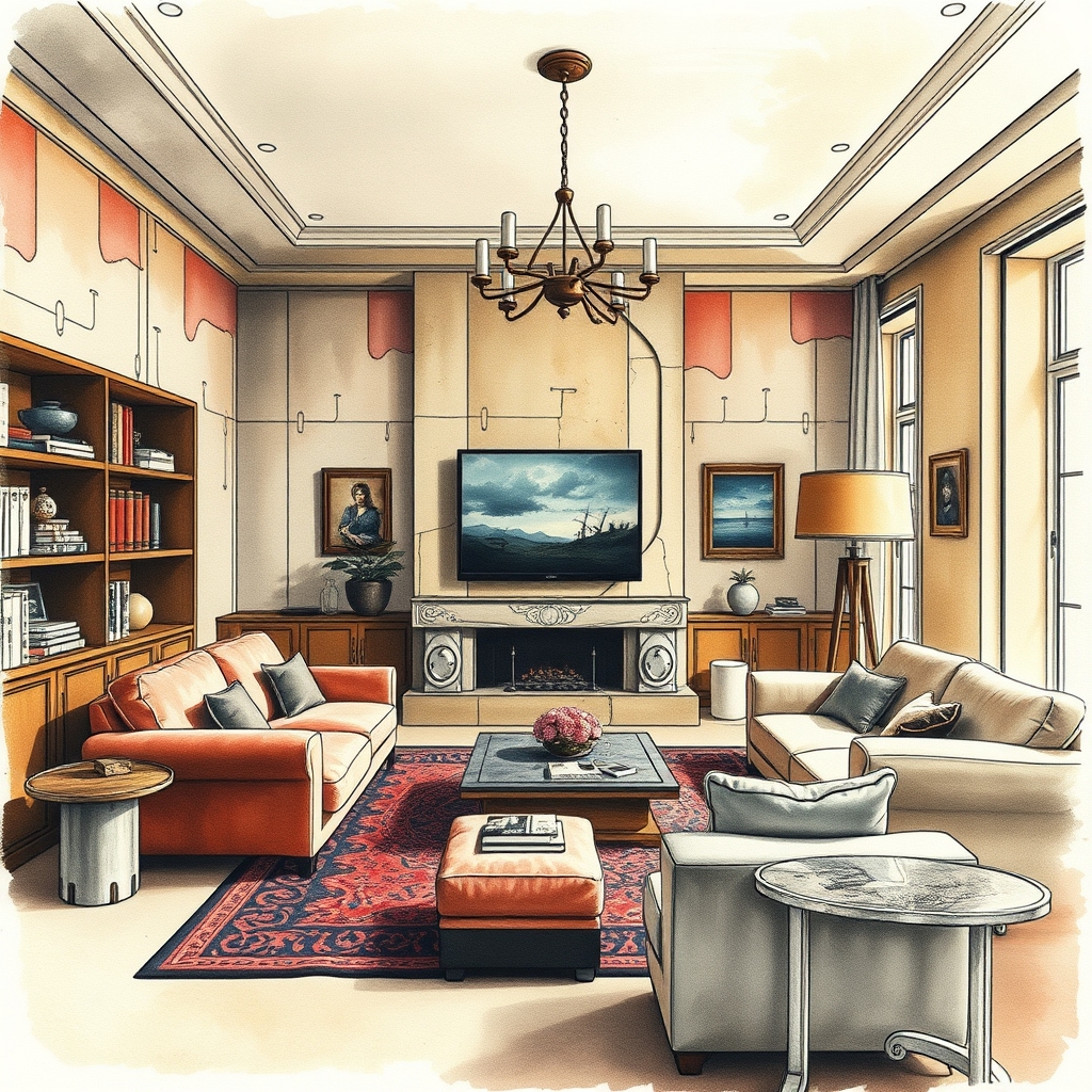 A tattoo design of A livingroom,soviet brutalism, by Jean-Honoré Fragonard in the style of watercolor. - soviet brutalism tattoo design generated by AI tattoo generator