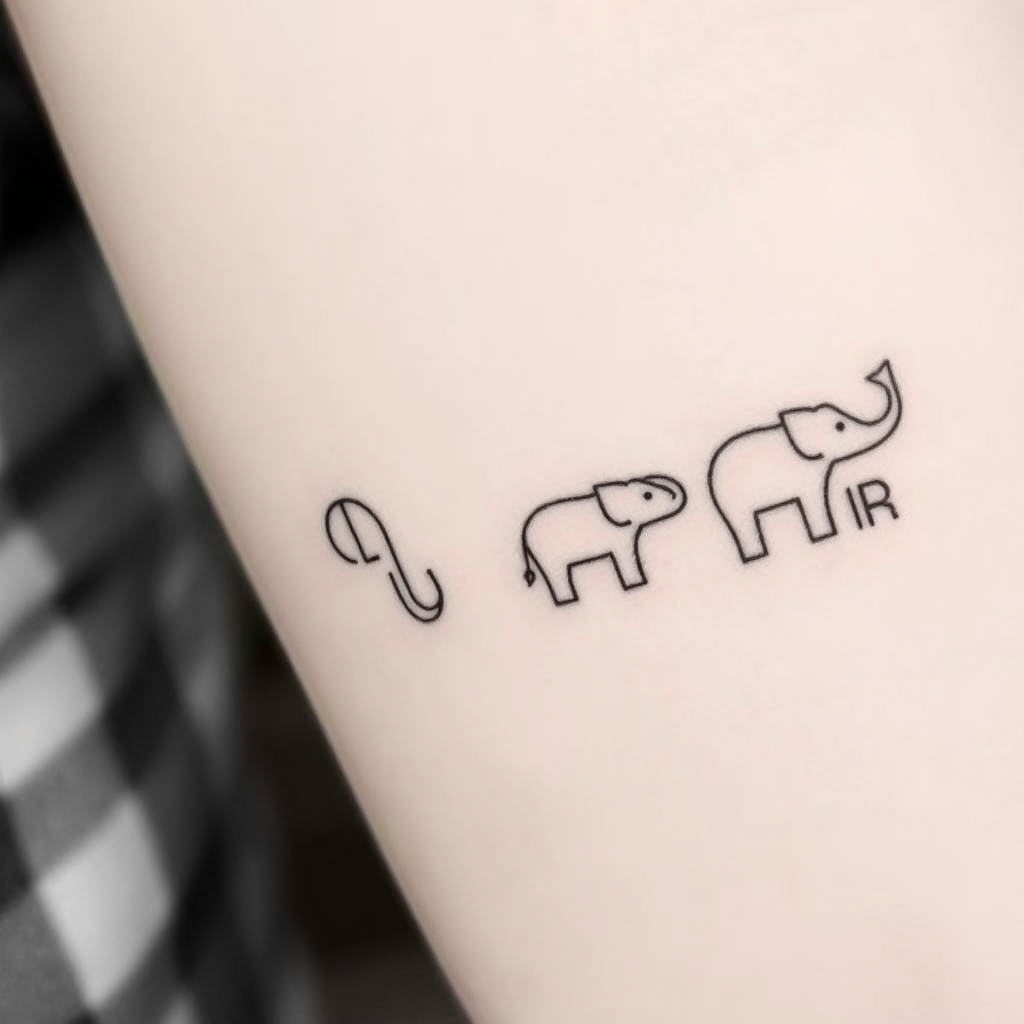 A tattoo design of Elephant 1 (Biggest) standard minimalist elephant silhouette (arched back, rounded belly, raised trunk). Inside the ear, sketch a clean capital “D” shape: a vertical line in the ear’s fold, with the arc matching the ear curve. 2. Elephant 2 (Slightly Smaller) Use a similar silhouette, slightly reduced. In the trunk, have it curve down like a vertical line, with two short horizontal strokes—just enough to read as an uppercase “F”, but still fluid. 3. Elephant 3 (Medium) Slightly smaller than the second. On the back curve, incorporate two soft peaks so that the arch subtly forms a “W” silhouette—natural yet intentional. 4. Elephant 4 (Smallest) The smallest silhouette with a playful, lifted trunk. At the end of the tail, add a smooth curl that loops like the bowl of “P”, with a subtle stem from the tail base. --- Tips for the Tattoo Artist Use thin, consistent line weight for all outlines. Keep the letters integrated—not obvious, but clear when observed closely. Ensure the elephants decrease in size at even steps. Add a soft guiding line beneath their feet if desired to unify the composition. in the style of minimalist. - elephant tattoos tattoo design generated by AI tattoo generator