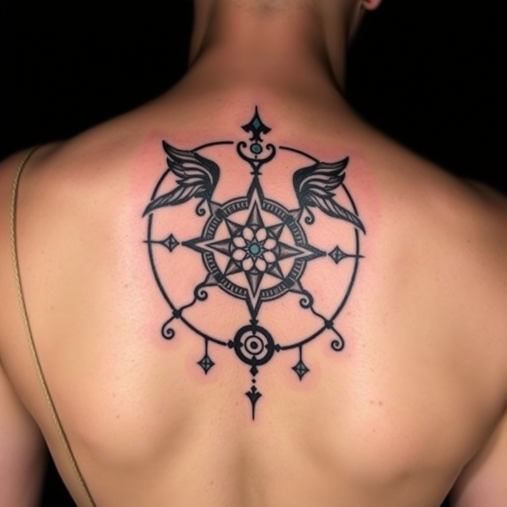 A tattoo design of Incorporate the Swahili symbol for hakuna matata, gemini zodiac sign or constellation, and symbols of Alan watts teachings such as universal consciousness and letting go of ego in the style of realistic. - spiritual symbols tattoo design generated by AI tattoo generator