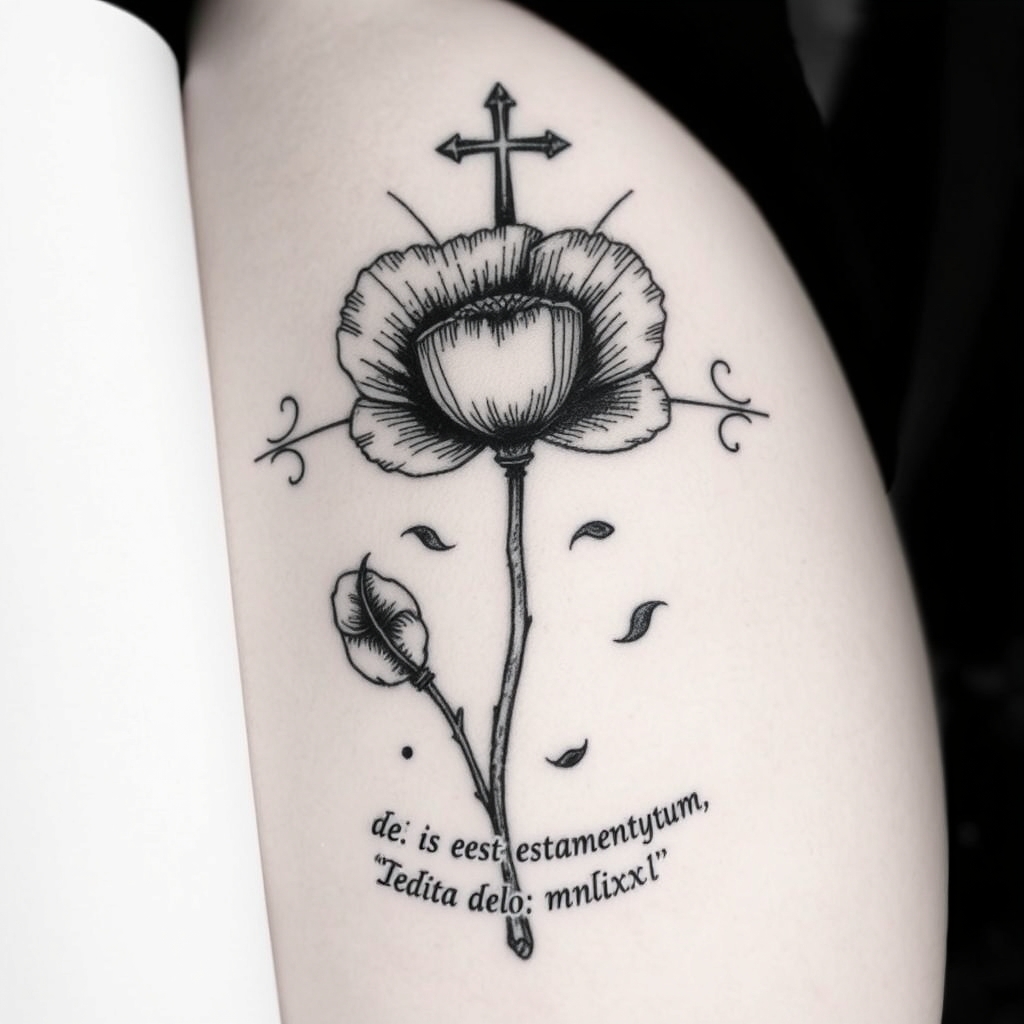 A tattoo design of XV: XI: MMXXI Isabella Poppy  deus meus est sacramentum, dedita deo  in the style of blackwork. - latin phrase memorial tattoo design generated by AI tattoo generator