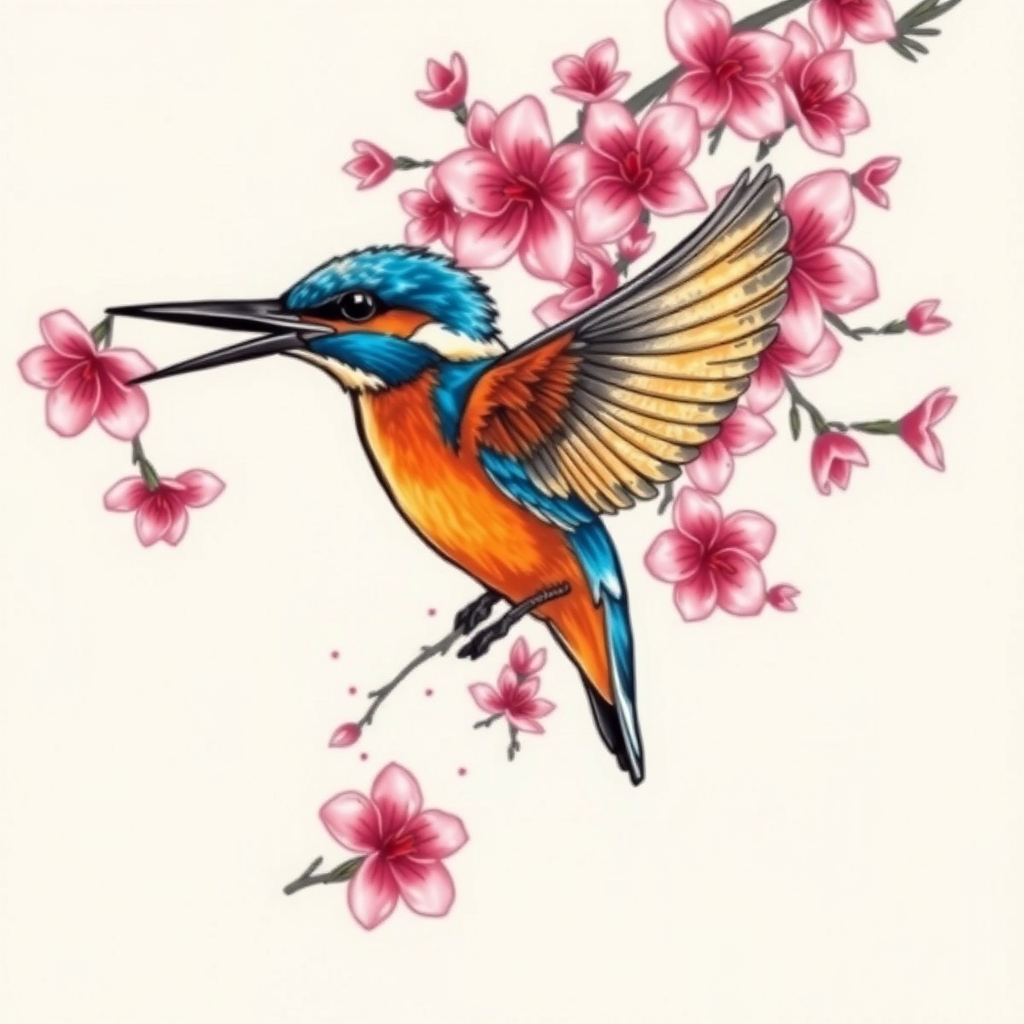 A tattoo design of blue and orange kingfisher in flight surrounded by large quantity of pink cherry blossoms in the style of abstract. - birds and flowers tattoo design generated by AI tattoo generator