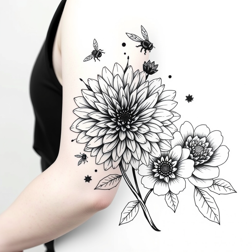 A tattoo design of Black and white half sleeve and hand, Chrysanthemum in cursive, bees, blooming Chrysanthemum in the style of geometric. - flowers and bees tattoo design generated by AI tattoo generator