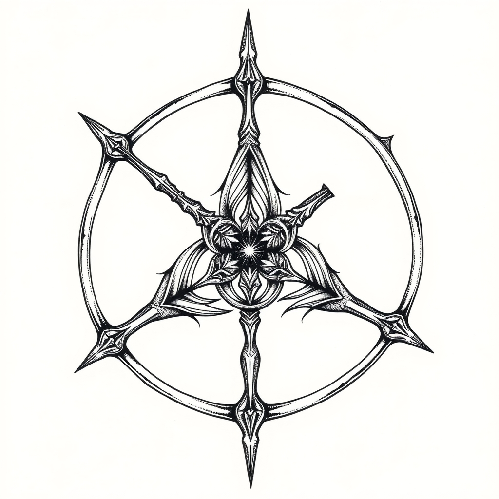 A tattoo design of three interlocking longbows spiraling from a center point similar to a triskelion in the style of surrealistic. - archery symbol tattoo design generated by AI tattoo generator