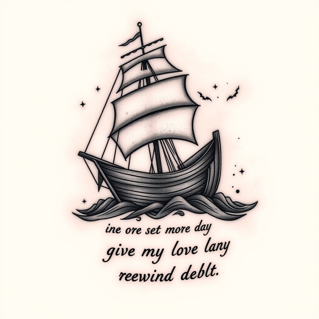 A tattoo design of Shipwreck with the quote I wish for one more day to give my love and repay debts in the style of realistic. - nautical disaster tattoo design generated by AI tattoo generator