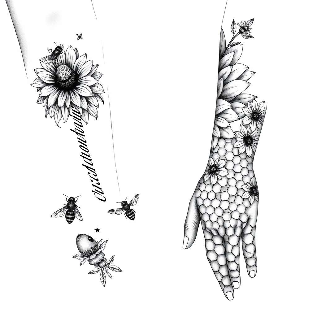 A tattoo design of Black and white Chrysanthemum flower, the word Chrysanthemum in cursive down forearm, bees, honeycomb forearm and hand, long in the style of geometric. - flowers tattoo design generated by AI tattoo generator